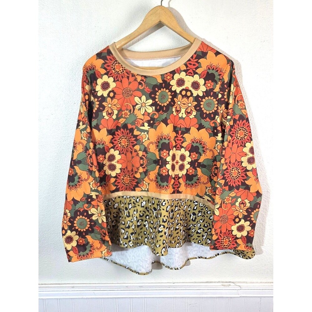 Boho Fall Floral Leopard Print Top Women M Long Sleeve Mixed Print 70s Retro